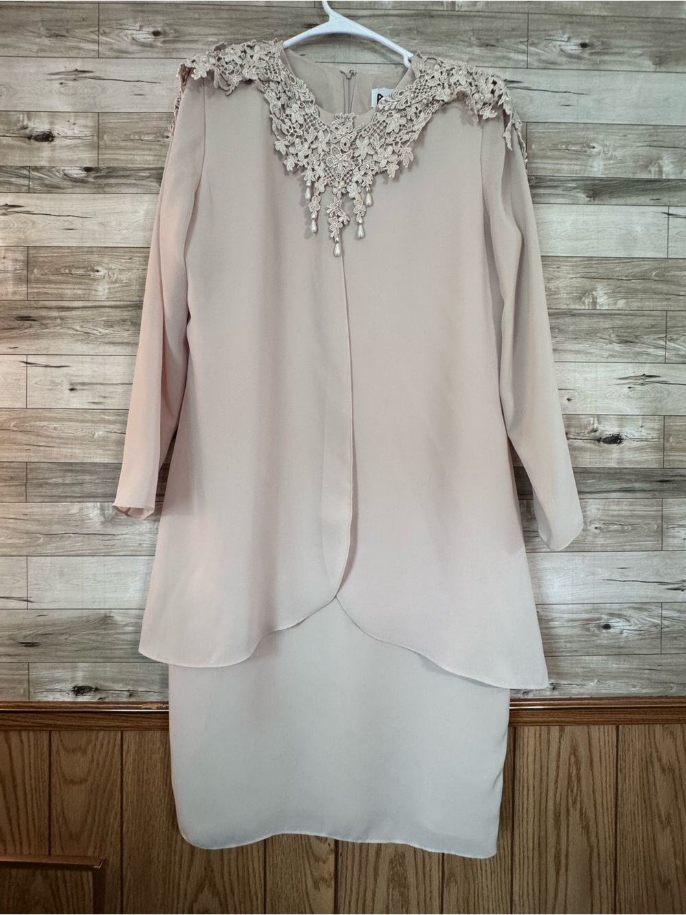 Vintage Patra Beige Dress with Lace & Pearl Neckline